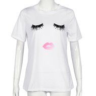 Lady's Blouse,Laimeng Eyelash Printing Summer Loose Tops Short Sleeve Blouse T Shirt (S, White)