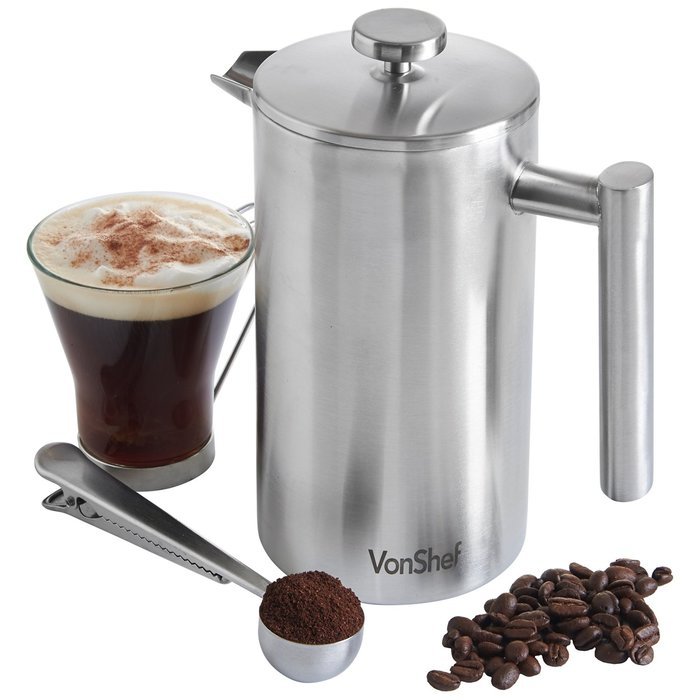 VonShef Double-Wall Keep Warm Satin Brushed Stainless Steel French Press Cafetiere Coffee Filter(3 Cup w/ Measuring... N2