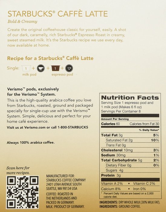 Starbucks Verismo Caffe Latte Pods, 16 Pods N3