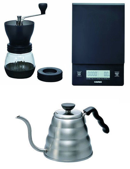 Hario V60 Series, 1.2 Liter Kettle, Scale & Coffee Mill - A Complete Set for Coffee Brewing