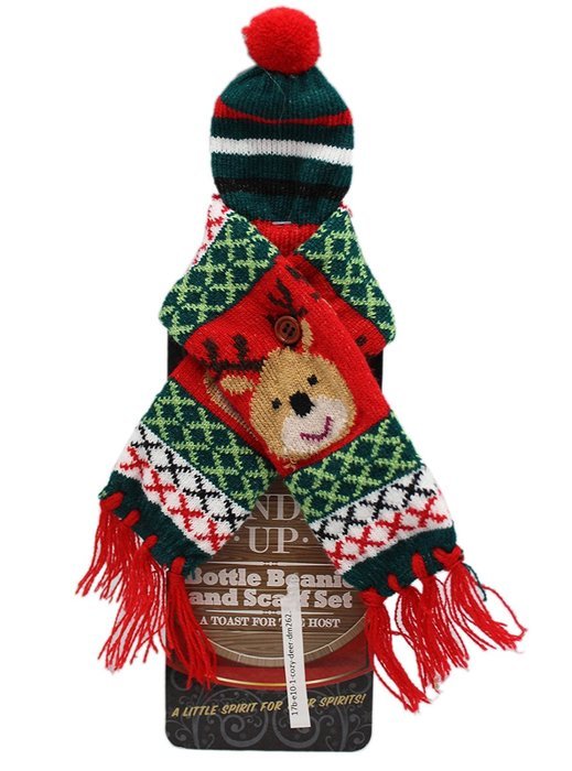 Bundle Up Reindeer Design Beanie and Scarf Bottle Cozy