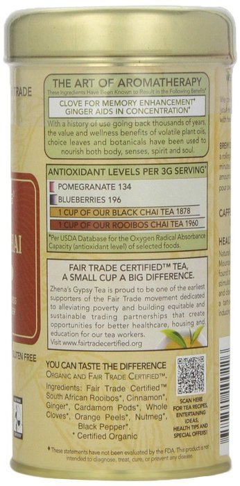 Zhena's Gypsy Tea,Herbal Red Tea Fire Light Chai, 22 Count Tea Sachets Net Wt 1.55 Ounce