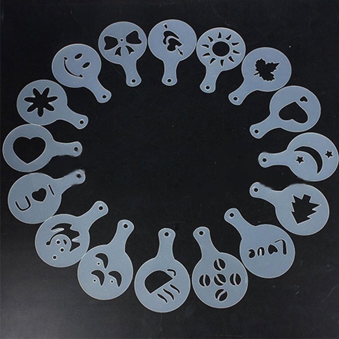 16Pcs Creative Cappuccino Coffee Barista Stencils Template Strew Pad Duster Spray Art