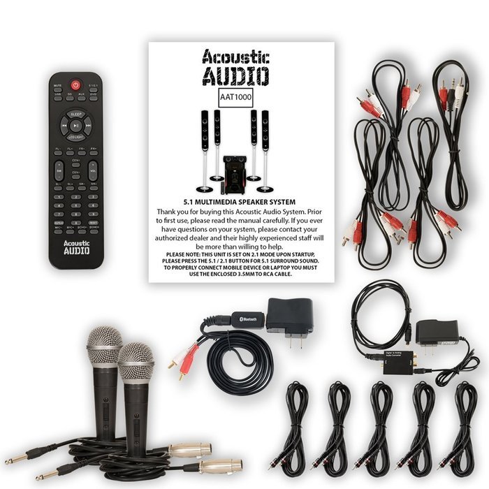 Acoustic Audio AAT1000 Tower 5.1 Speakers with Bluetooth Optical Input 2 Mics and 5 Extension Cables