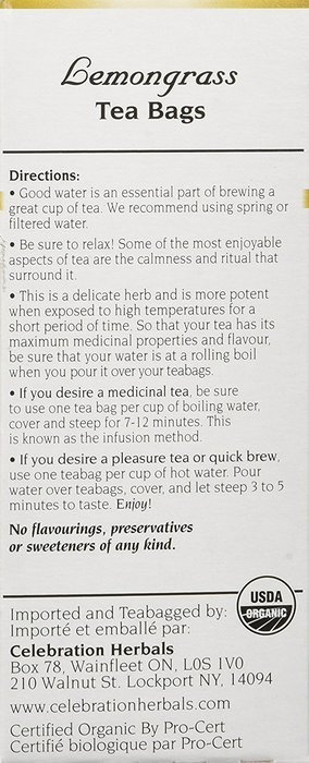 Celebration Herbals Organic Lemongrass Tea Caffeine Free -- 24 Herbal Tea Bags N3
