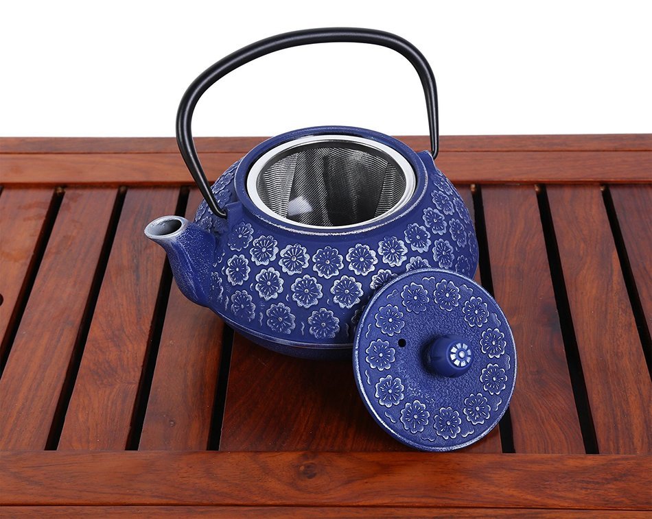 2016 Edition Blue Floral Cast Iron Teapot Kettle with Stainless Steel Infuser 34oz by Juvale N2