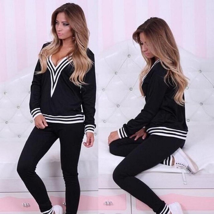 Sweatshirt Set,Morecome Women Sweatshirt V Neck Long Sleeve Blouse Long Pants Outfit (XL, Black)
