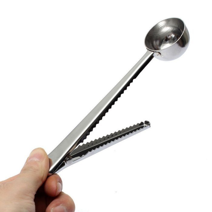 2pcs Silver Stainless Steel Ground Coffee Tea Measuring Scoop Spoon With Bag Seal Clip