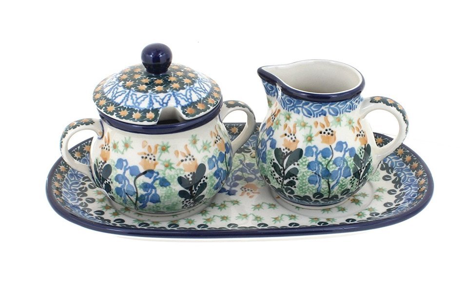 Polish Pottery Lily of the Valley Small Cream & Sugar Set with Tray