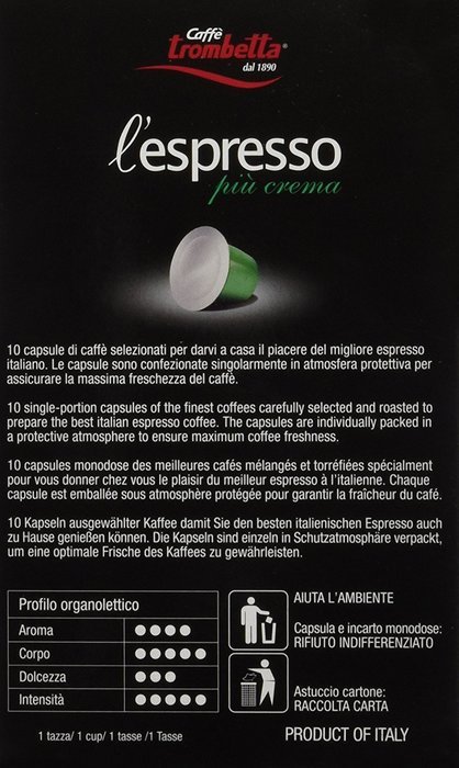 Trombetta L'espresso, Piu Crema, 10 Pods N2