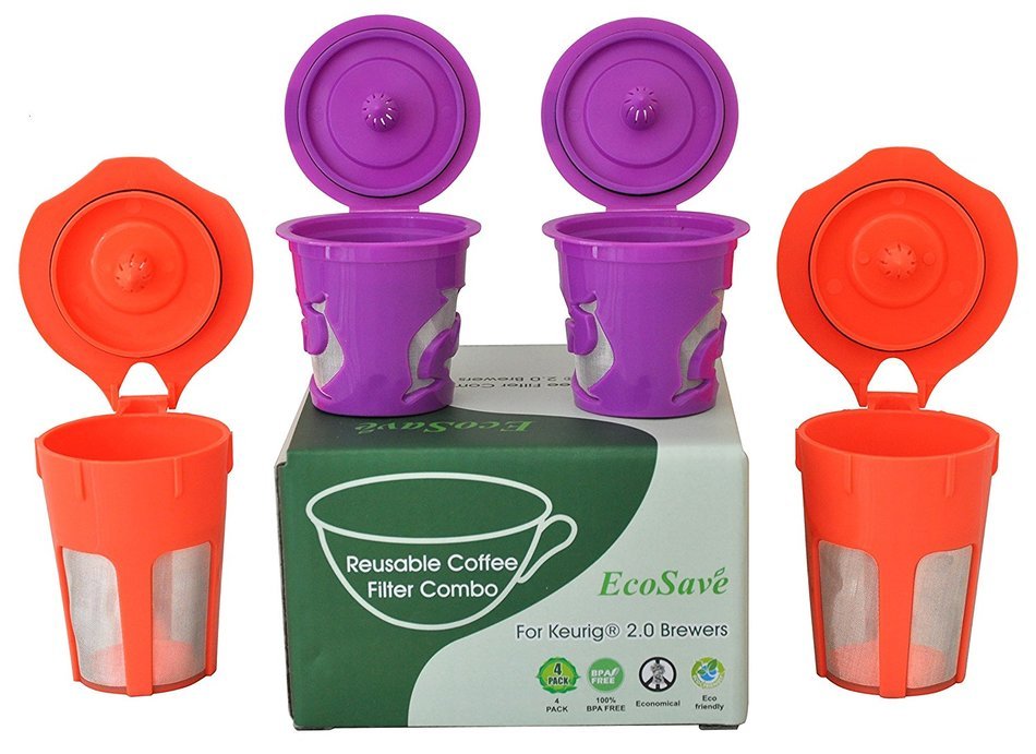 EcoSave Refillable/Reusable K Carafe And K-Cups Filter Combo Set for Keurig 2.0 - K200, K300, K400, K500 Series N2