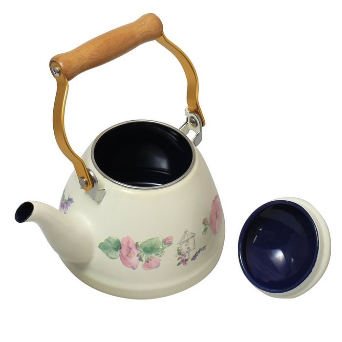 JustNile Country-Style Decorative Enameled iron Tea Kettle with Vintage Wooden Handle - 1.2 Quarts, Navy Blue... N3