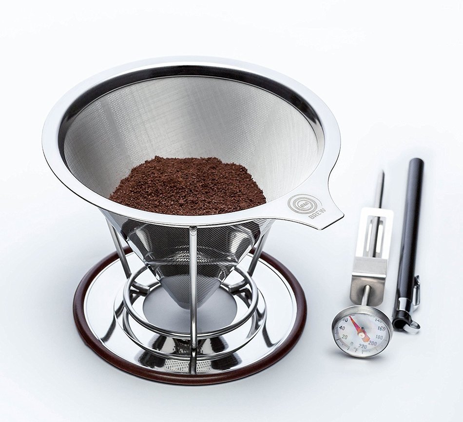 OmBrew Eco-Friendly Pour Over Stainless Steel Reusable Coffee Dripper with Separating Stand -Bundle with Dial...
