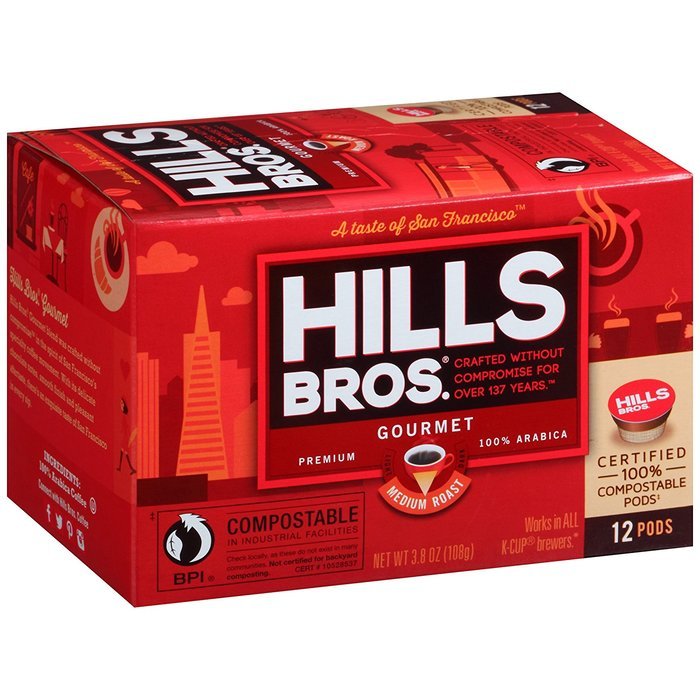 Hills Bros Coffee Gourmet Medium Roast, 12 Compostable Single Serve Cups, 3.8 Ounce N19