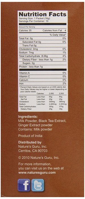 Nature's Guru Chai Unsweetened Drink Mix, Ginger, 10 Count (Pack of 8) N4