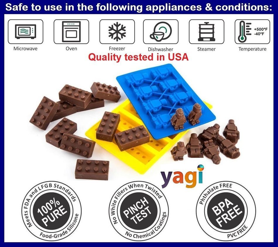 5 Lego Candy Molds / Ice Cube Silicone Trays + Bonus Recipe Guide eBook For Chocolate, Gummies & More N2