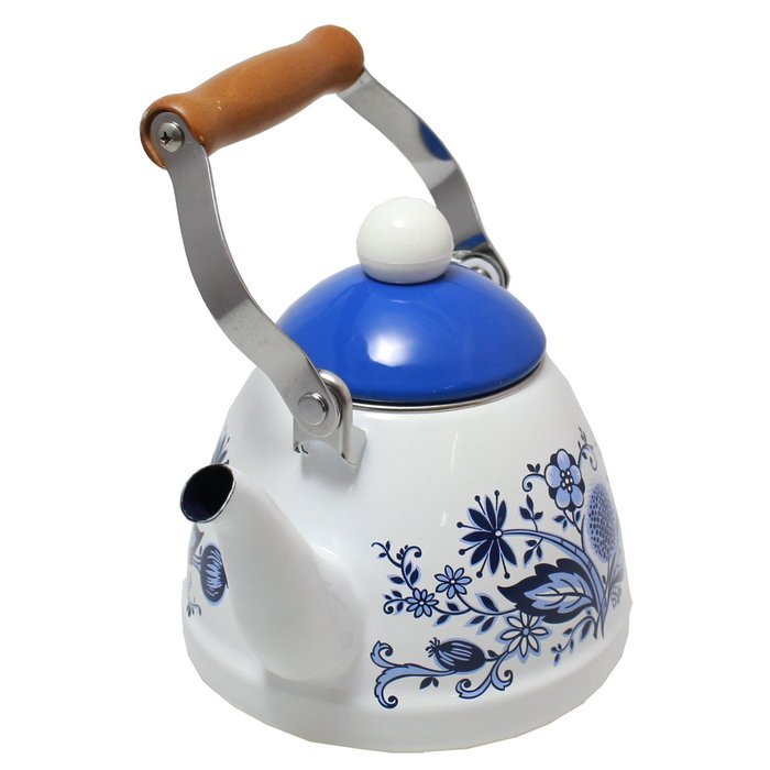 JustNile Country-Style Decorative Enameled iron Tea Kettle with Vintage Wooden Handle - 1.2 Quarts, Navy Blue... N5