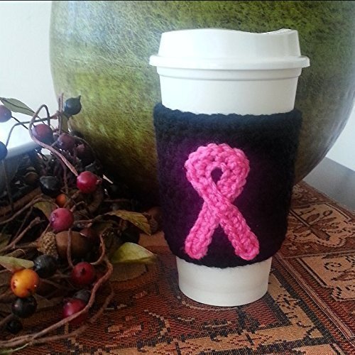 Crochet Coffee Sleeve Black with Pink Ribbon Breast Cancer Awareness