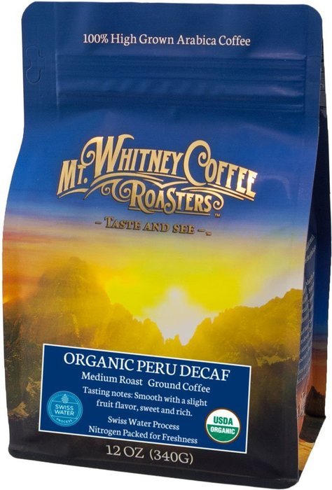 Mt. Whitney,12 oz, USDA Certified Organic Peru, Swiss Water Process Decaf, Ground, Medium Roast, Packed in Nitrogen... N3