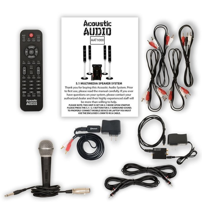 Acoustic Audio AAT1000 Tower 5.1 Speakers with Bluetooth Optical Input Mic and 2 Extension Cables
