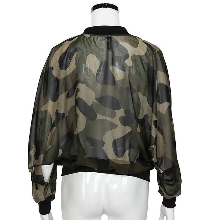Morecome Women Stand Collar Long Sleeve Zipper Camouflage Printed Jacket