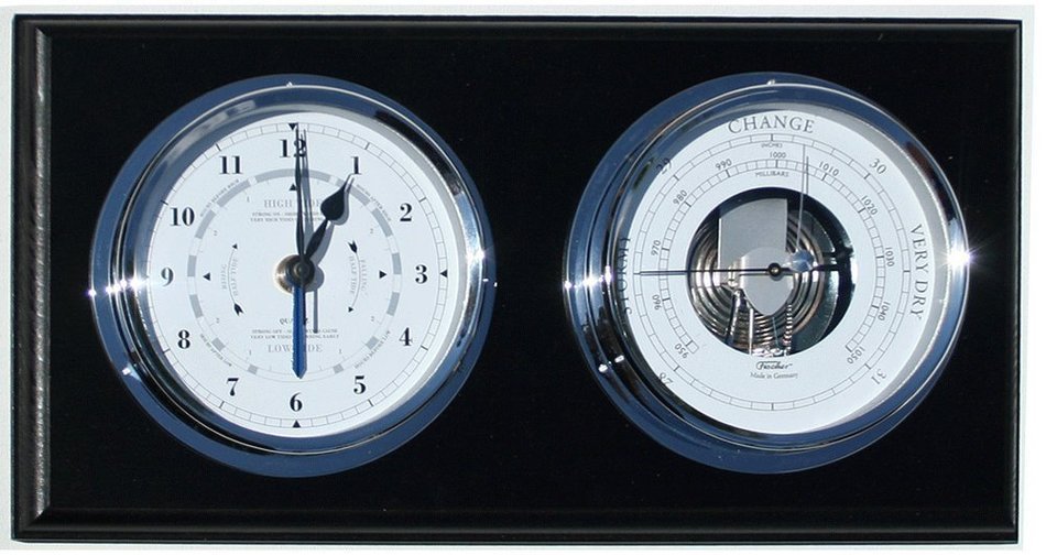 Fischer Instruments 1486GU-06 Marine Barometer with Quartz Clock, Black Mahogany and Chrome