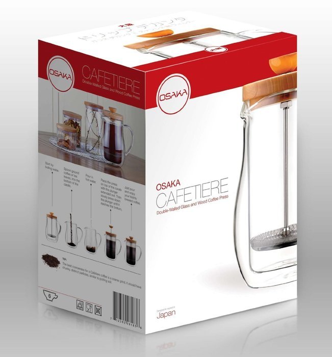 Osaka Cafetiere 6 Cup (27 oz) Double-Walled Borosilicate Glass, Coffee and Tea French Press, with Wood Lid "Zenrin-Ji" N2