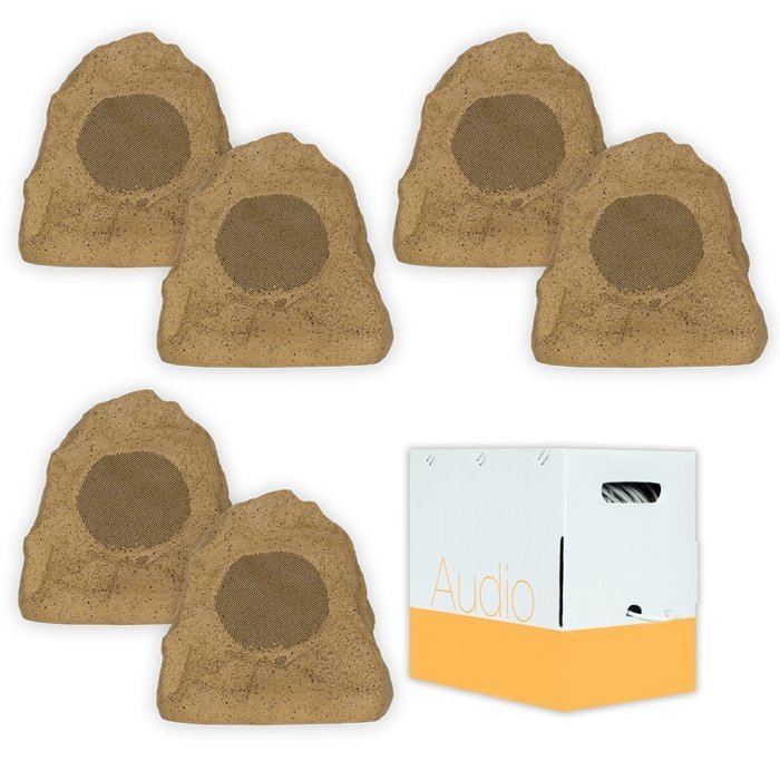 Theater Solutions 6R4S Outdoor Sandstone Rock 6 Speaker Set with Wire for Deck Pool Spa Patio Garden