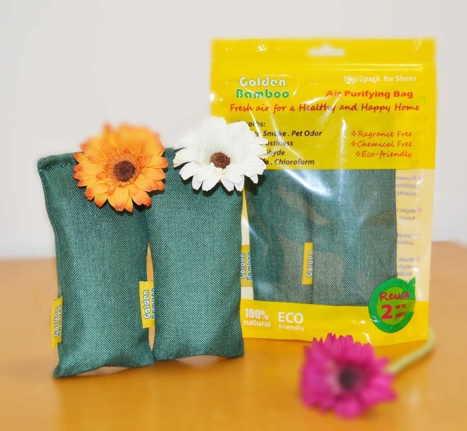 Golden Bamboo, Mini Activated Charcoal- Air Purifying Bags, Shoe Deodorizer and Air freshener.(50g/2pack) (Green) N6