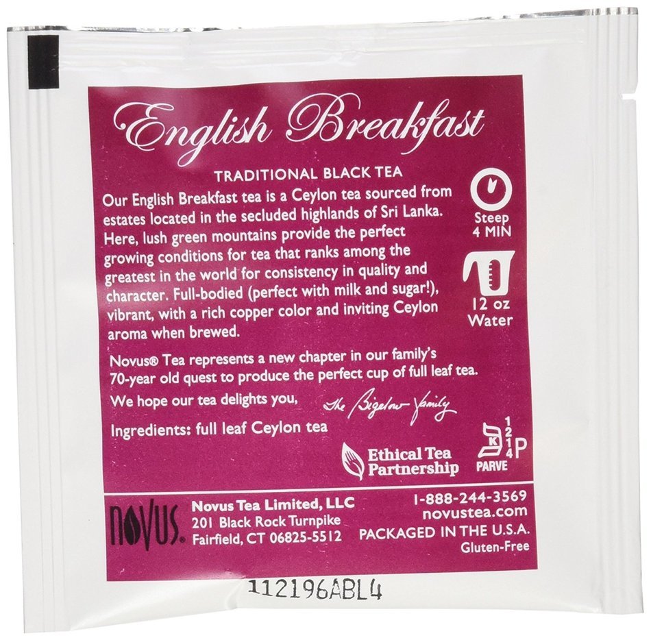 Novus Tea English Breakfast (Formerly Kenilworth Ceylon) Tea, 50 Tea Pouches N3