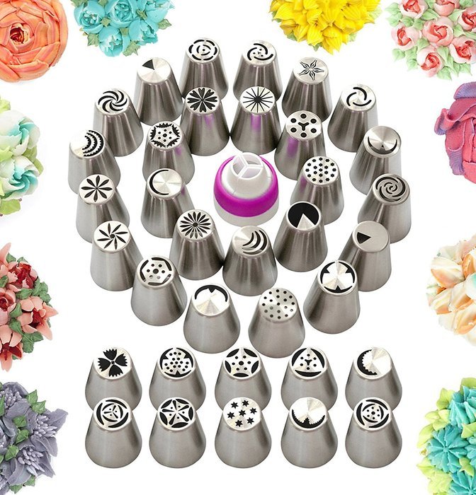 Russian piping tips set for icing nozzles pastry decoration-PREMIUM stainless steel 35 frosting flowers tip kit...