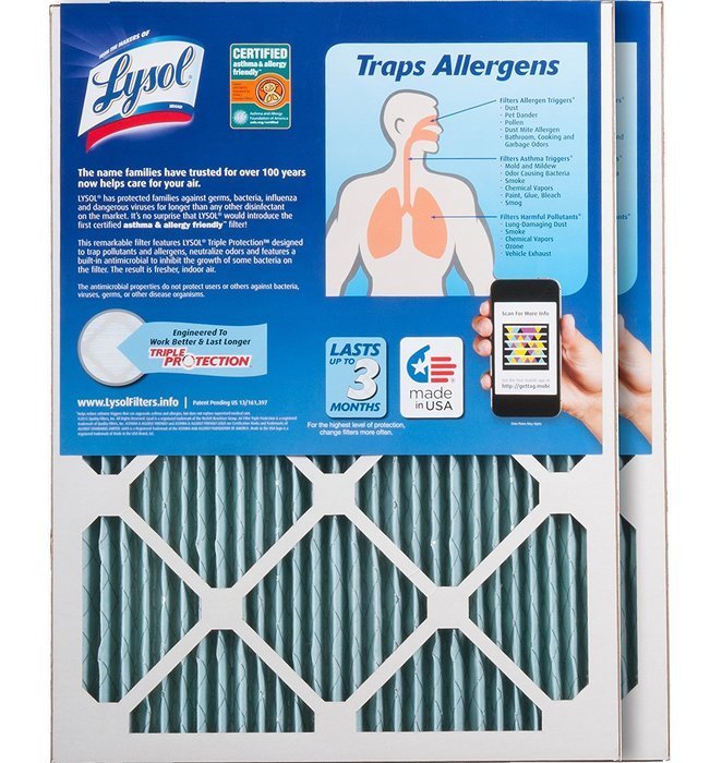 Lysol Triple Protection Furnace/AC Air Filter, 12" x 24" x 1", 2-Pack N49