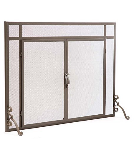 44"W x 33"H Solid Steel Flat Guard Fire Screen With Doors, in Black N2