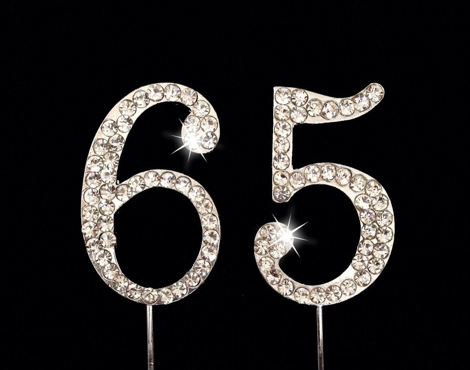 65th Birthday / Wedding Anniversary Number Cake Topper with Sparkling Rhinestone Crystals - 1.75