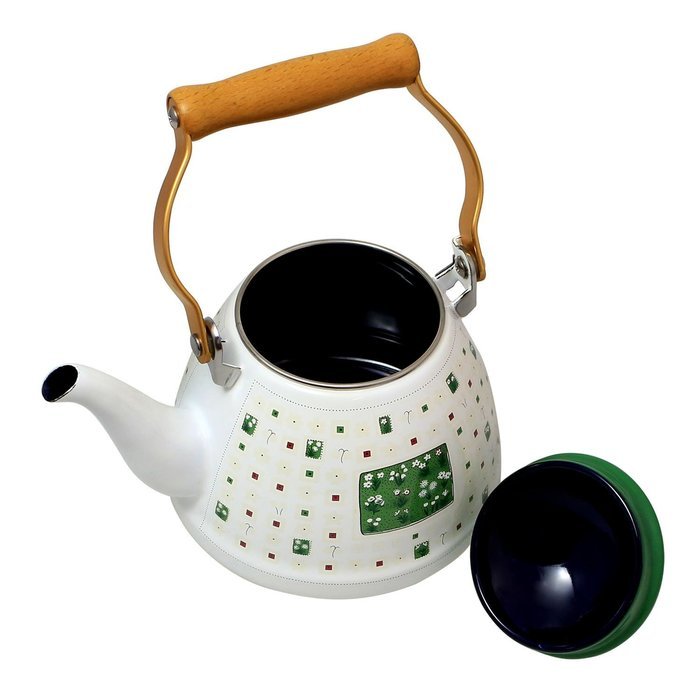 JustNile Country-Style Decorative Enameled iron Tea Kettle with Vintage Wooden Handle - 1.2 Quarts, Navy Blue... N9