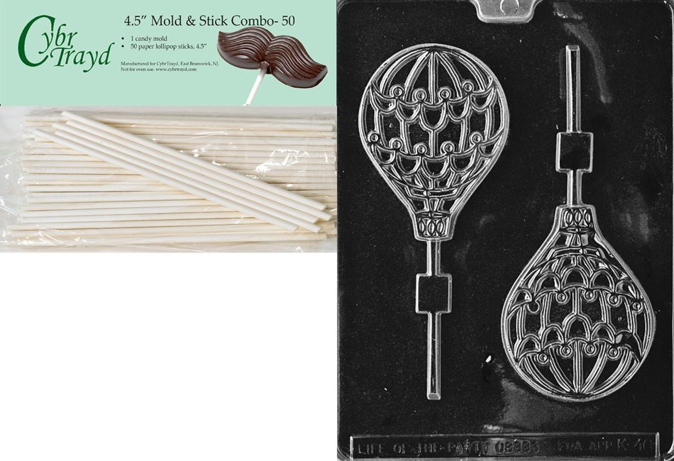 Cybrtrayd 45St50-K046 Hot Air Balloon Lolly Kids Chocolate Candy Mold with 50 Cybrtrayd 4.5-Inch Lollipop Sticks