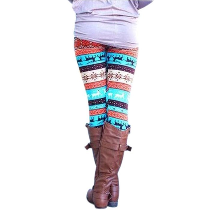 PHOTNO Skinny Xmas Stripe Snowflake&Reindeer Stretchy Pants Leggings