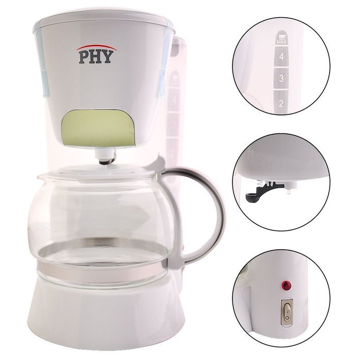 PHY Coffeemaker with Glass Carafe, Permanent Filter and Semi Transparent Water Tank (Orange) - 4-Cup/0.6L N6