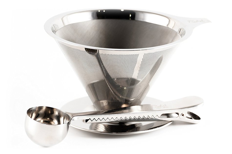 Rohst Reusable Pour Over Coffee Dripper - Paperless Stainless Steel Filter with Scoop and Bag Clamp Combo
