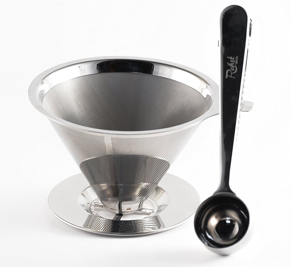 Rohst Reusable Pour Over Coffee Dripper - Paperless Stainless Steel Filter with Scoop and Bag Clamp Combo N2