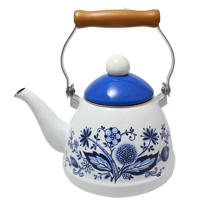 JustNile Country-Style Decorative Enameled iron Tea Kettle with Vintage Wooden Handle - 1.2 Quarts, Navy Blue... N14