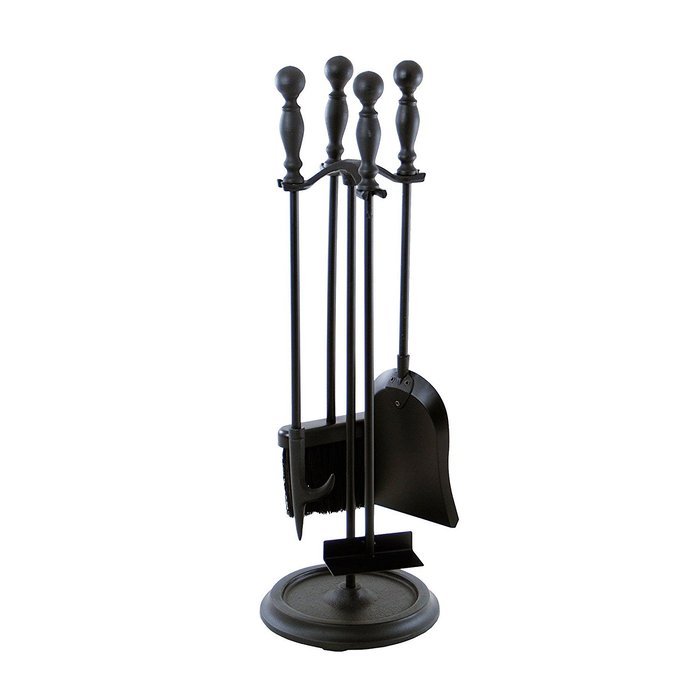 Set of 4 Black Wrought Iron Fireplace Tools with Base