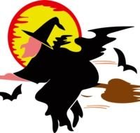 drawing of a witch on a broomstick on a background of the moon