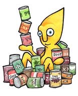 orange anthropomorphic figure in pile of Canned food, drawing