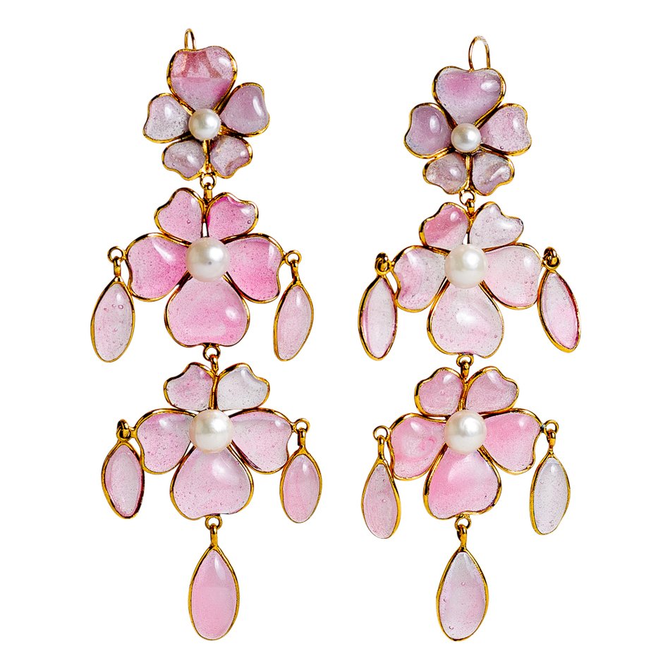 pink floral earrings, Gripoix Glass Jewelry
