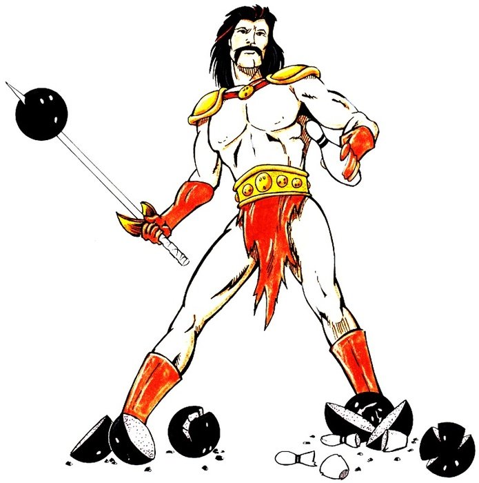 drawing of a superhero with bowling balls