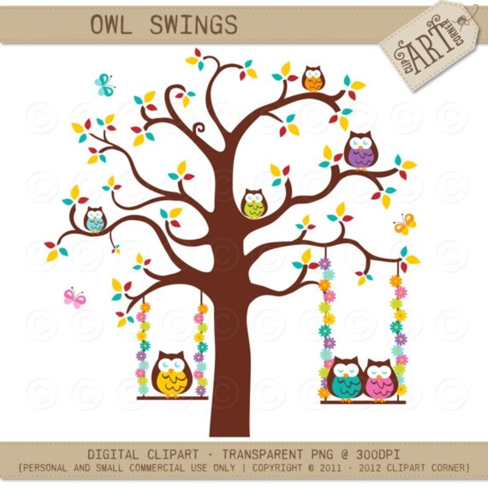 Digital Clipart Owl On A Swing Etsy