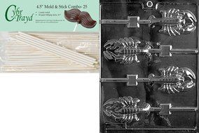 Cybrtrayd 45St25-N010 Lobster Lolly Nautical Chocolate Candy Mold with 25-Pack 4.5-Inch Lollipop Sticks