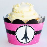 Paris Themed Cupcake Wrappers, Black and White Damask, Confetti Couture Party Supplies, 36 Wraps