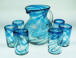 Mexican Glasses &amp; Pitcher Set, Turquoise Swirl 16 oz (Set of 6)